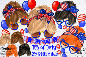 4th of July Clipart Messy Bun Girls