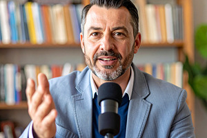 Professional speaker in their 40s seated in front of a microphon, a Person Photo by DanFLCreativo