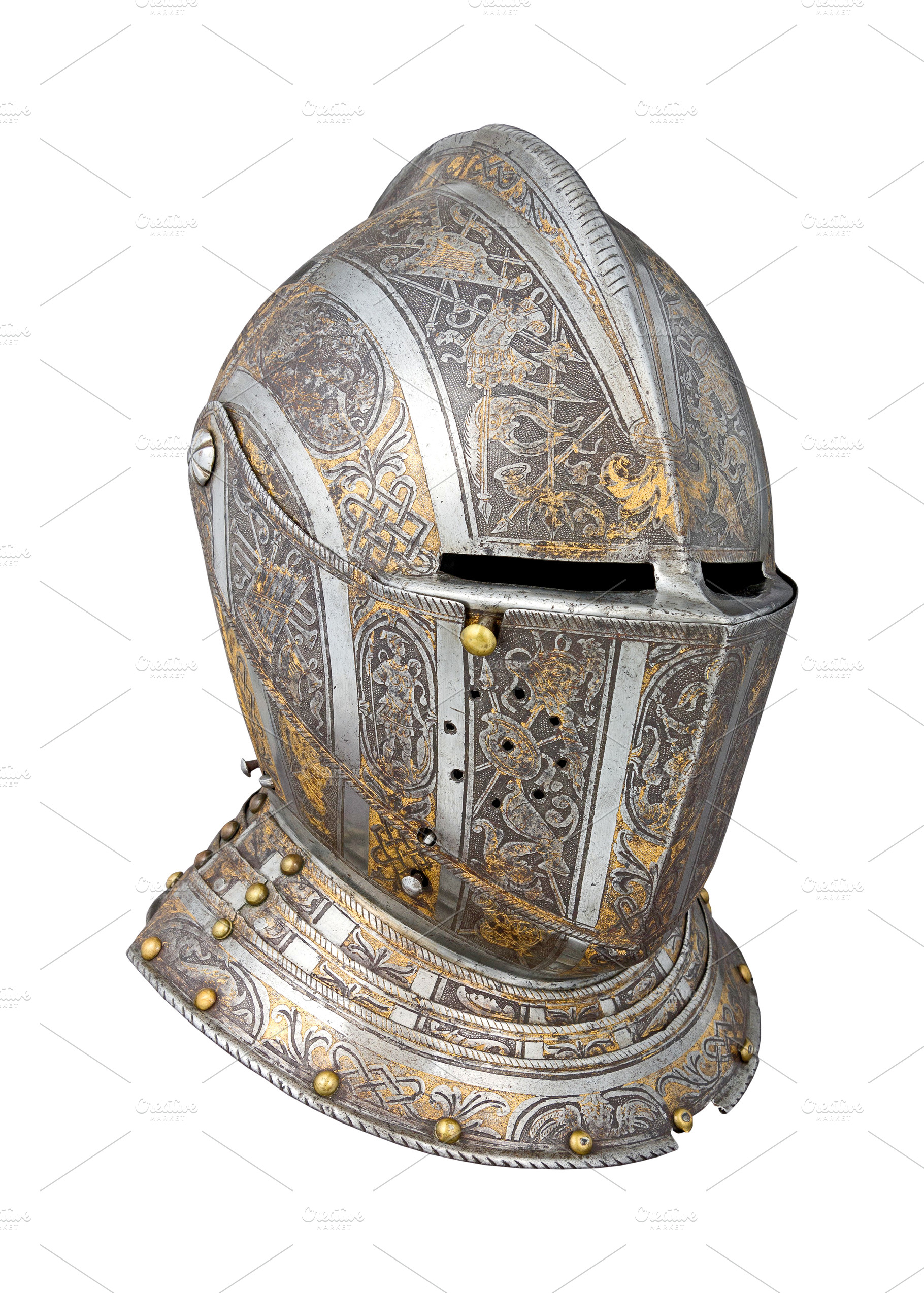Ancient close helmet made of steel, an Industrial Photo by BOOCYS
