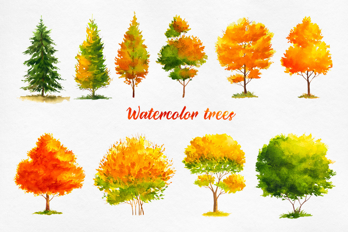 Autumn watercolor trees, an Illustration by AlexGreenArt (Photo 2 of 3)