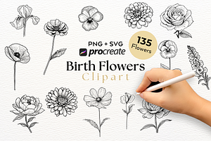 135 Birth Flowers PNG SVG Procreate