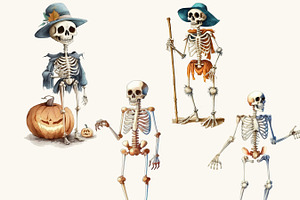 Watercolor Cute Skeleton Clipart