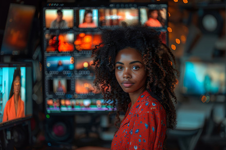 Young Female Video Editor Working in a Vibrant Film Studio, a Photo by AS photostudio