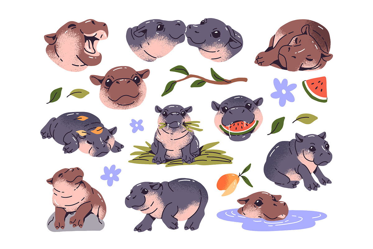 Cute hippos set + seamless patterns, an Animal Illustration by PaperTrident (Photo 1 of 14)