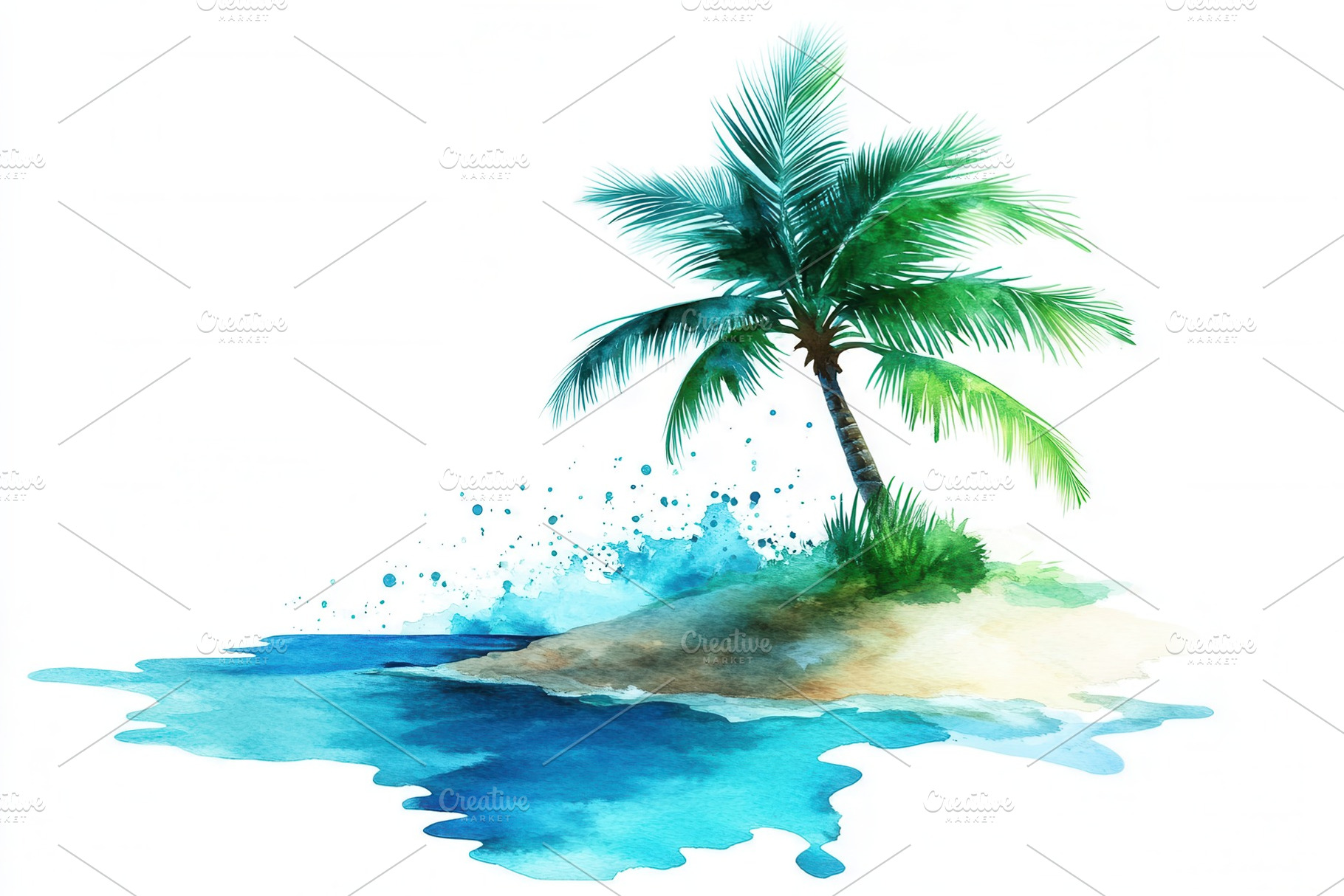 Watercolor palm trees & ocean scene, a Photo by Pavel_design