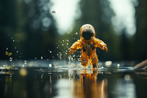 Mini Astronaut In A Rain Puddle. Spaceman Illustration.