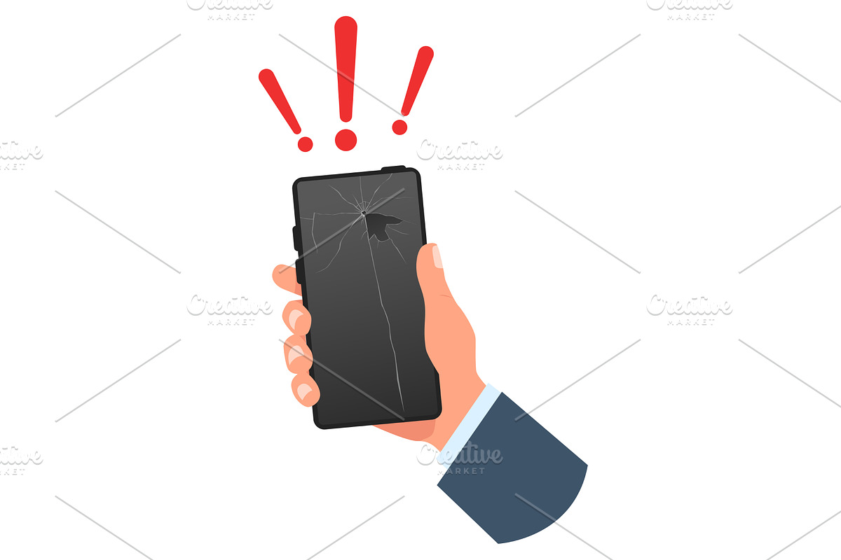 Hand holds smartphone with smashed, a Technology Illustration by Vectorbuum