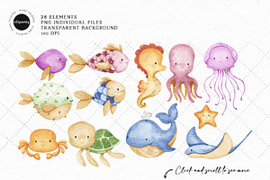 Sea Animals Watercolor Clipart