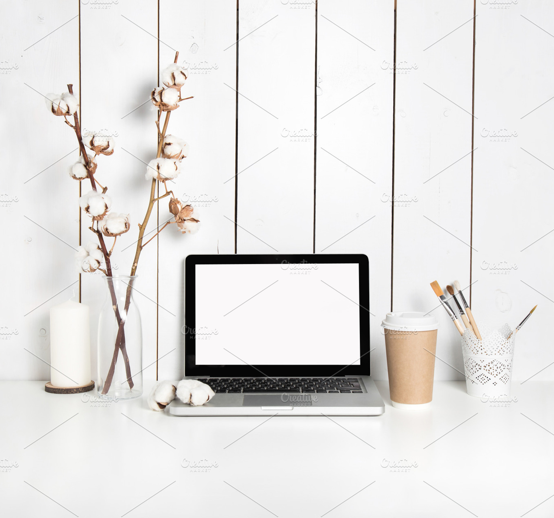 Workplace with cotton & brushes stock photo containing laptop and minimal, an Arts & Entertainment Photo by KateAedon