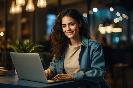 Young woman working on a laptop while sitting at a table, a Person Photo by Antonina Vlasova
