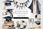 Watercolor Graduation Clipart PNG, a Decorative Illustration by illuztrate (Thumbnail 1 of 7)