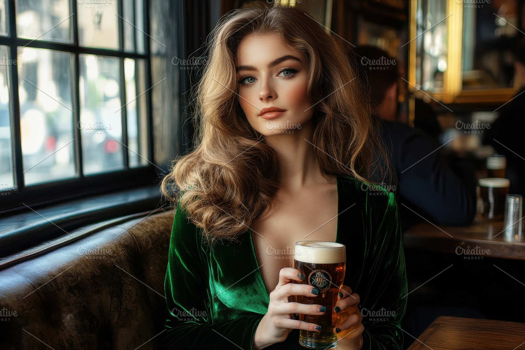 Elegant lady in emerald velvet dress, a Photo by Pavel_design