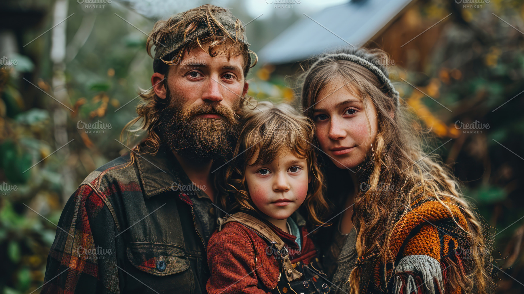 Portrait of a hippie family of three in the woods. A man with a, a Photo by AS photostudio