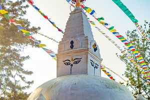 Swayambhunath stupa with eyes of Buddha and prayer flags in Kath, a Photo by Pictures for you!!!!!!!!!