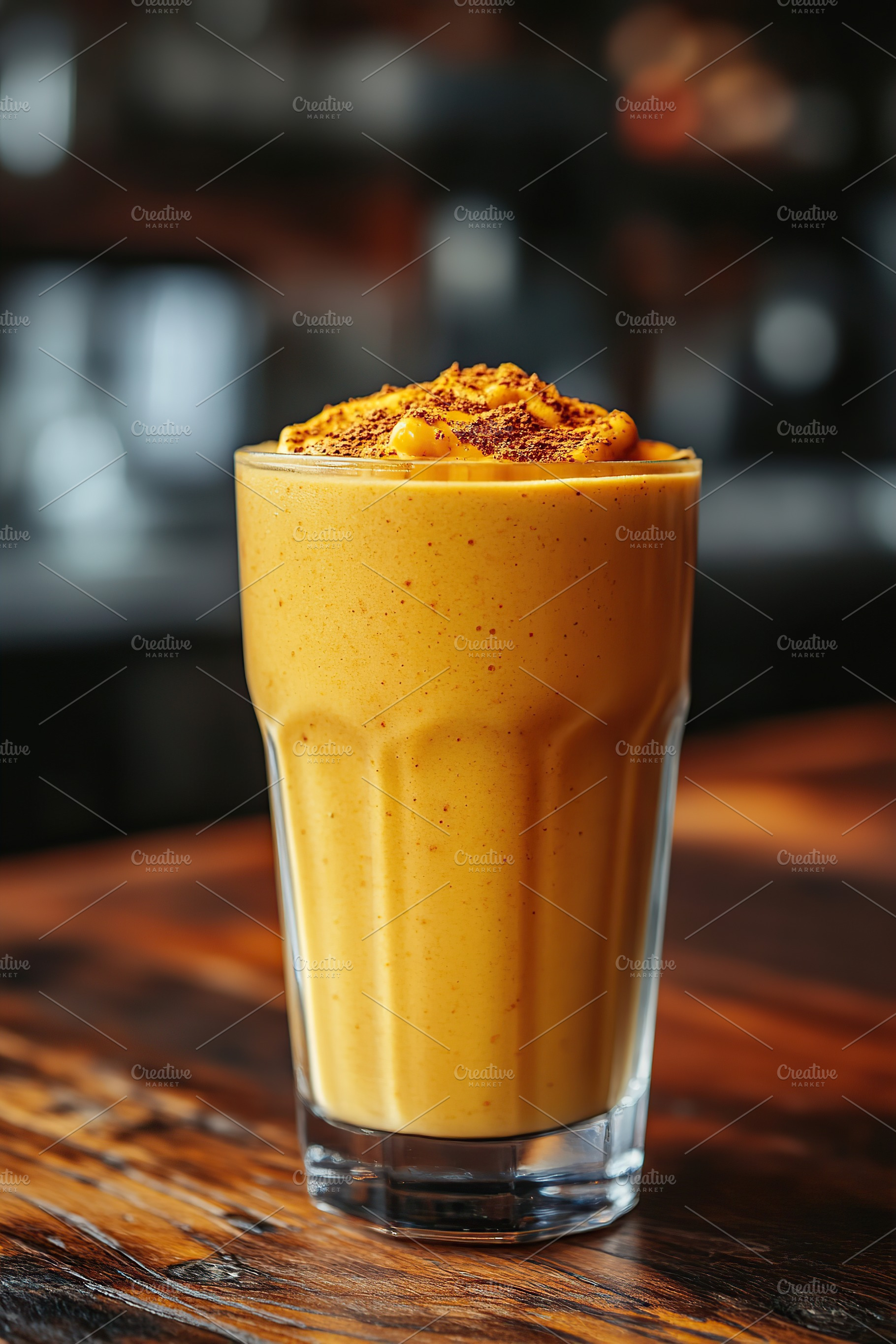 Healthy creamy detox drink served in glass on wooden table, a Food & Drink Photo by AlyaAnd