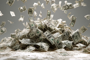 Falling money pile of hundred dollar, a Photo by Pixeness Studio