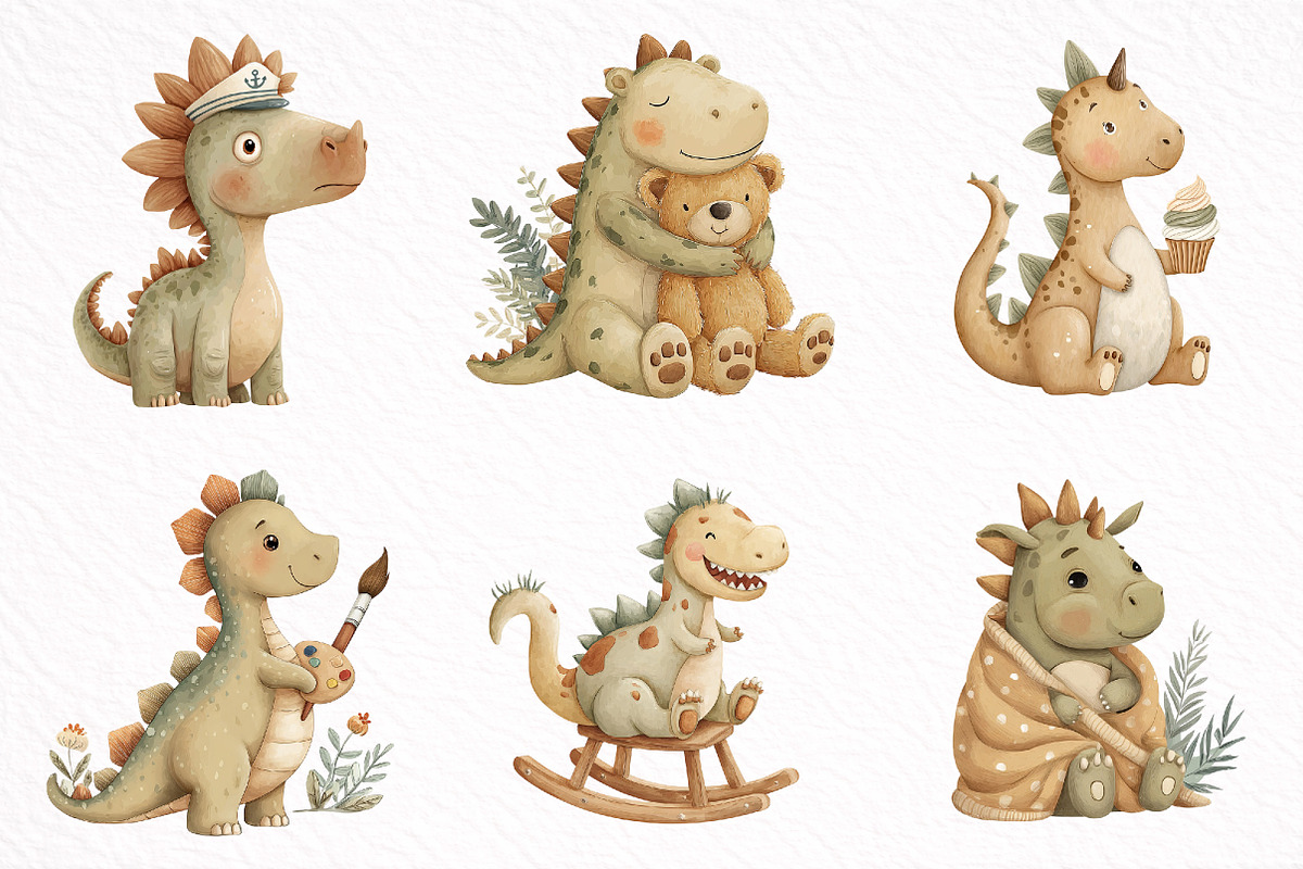 Watercolor Baby Dinosaur Clipart, an Illustration by DreamArtGraphic (Photo 4 of 8)
