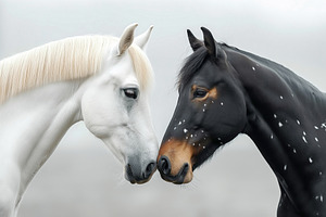 Two majestic horses, one white and the other black with spots, affectionately t, an Animal Photo by ImageMir