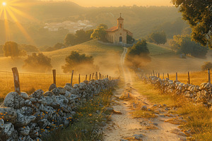 Sunrise over rural landscape with stone path leading to a small, a Nature Photo by José Manuel Gelpi