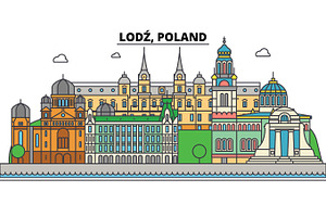 Poland, Lodz. City Skyline, Architecture, Buildings, Streets, Silhouette, Landscape, Panorama, Landmarks. Editable Strokes. Flat Design Line Vector Il