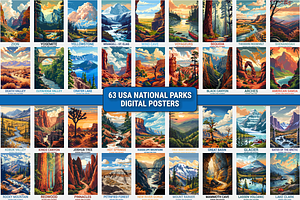63 USA National Parks Digital Poster, a Decorative Illustration by Genius Graph