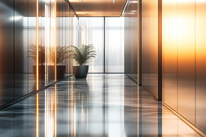 Modern Office Corridor with Glass Walls and Soft Lighting, an Abstract Photo by Natalia Klenova's Shop