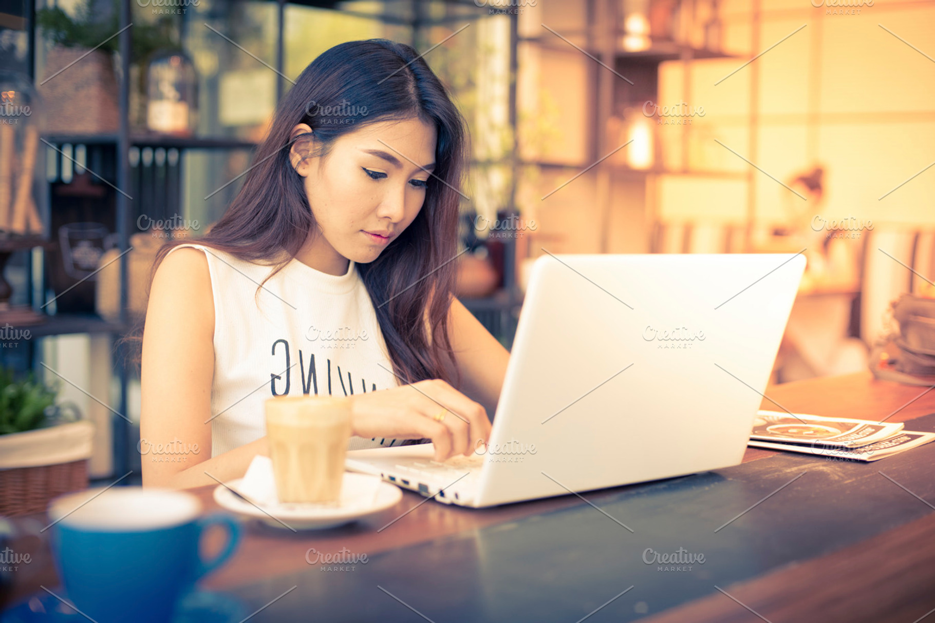 Woman in coffee shop containing coffee, app, and asian, a Person Photo by coffeelover