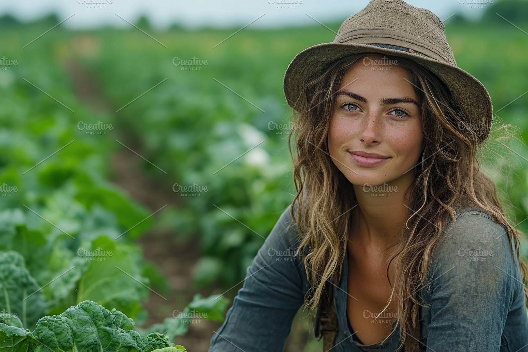 Female gardener in straw hat harvesting in field, a Photo by AlyaAnd