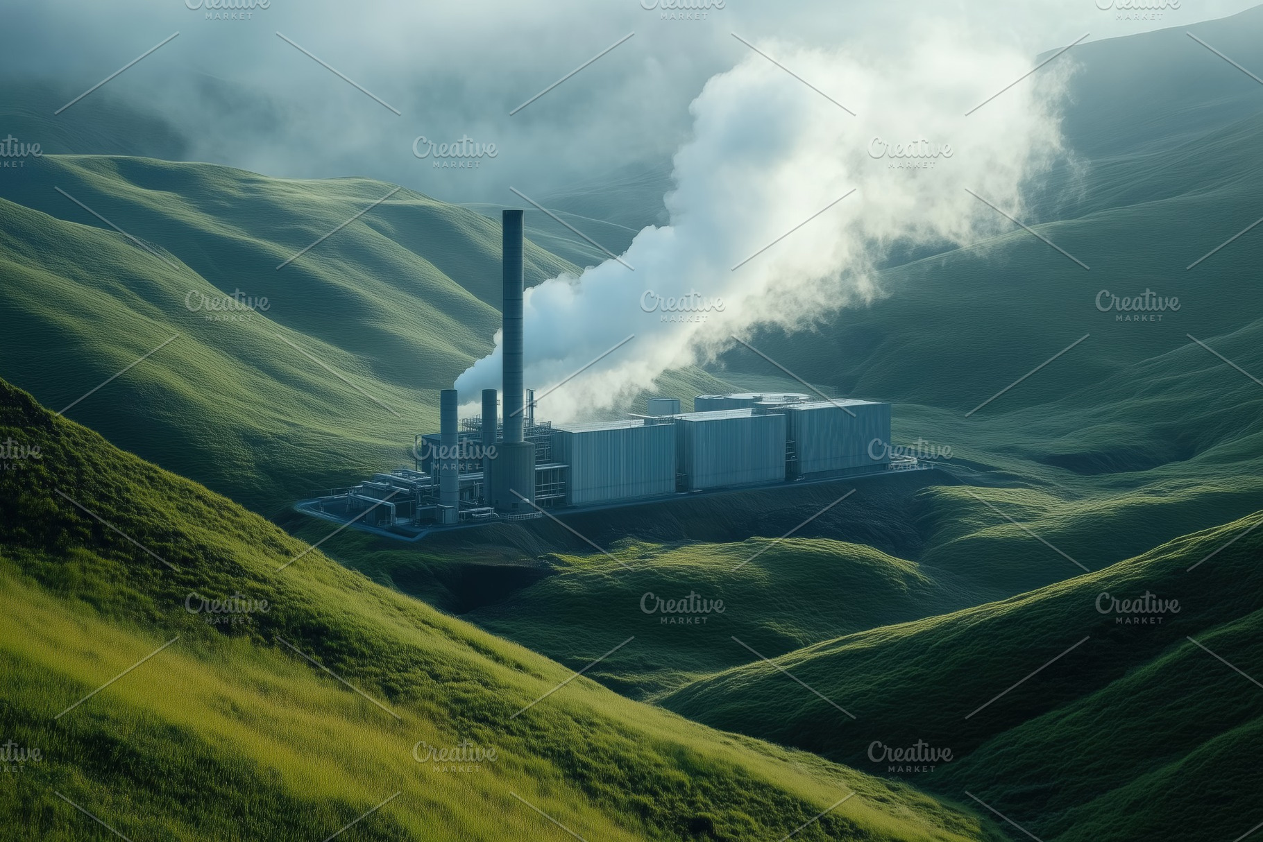 A power plant situated in a lush green landscape, surrounded by rolling hills., an Industrial Photo by Textures & Backgrounds