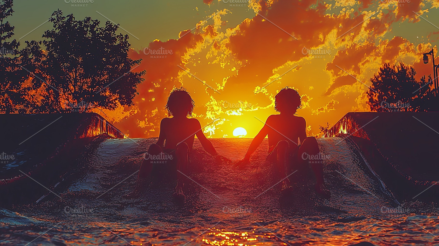 Two children enjoying a waterslide during a vibrant sunset, a Photo by AS photostudio