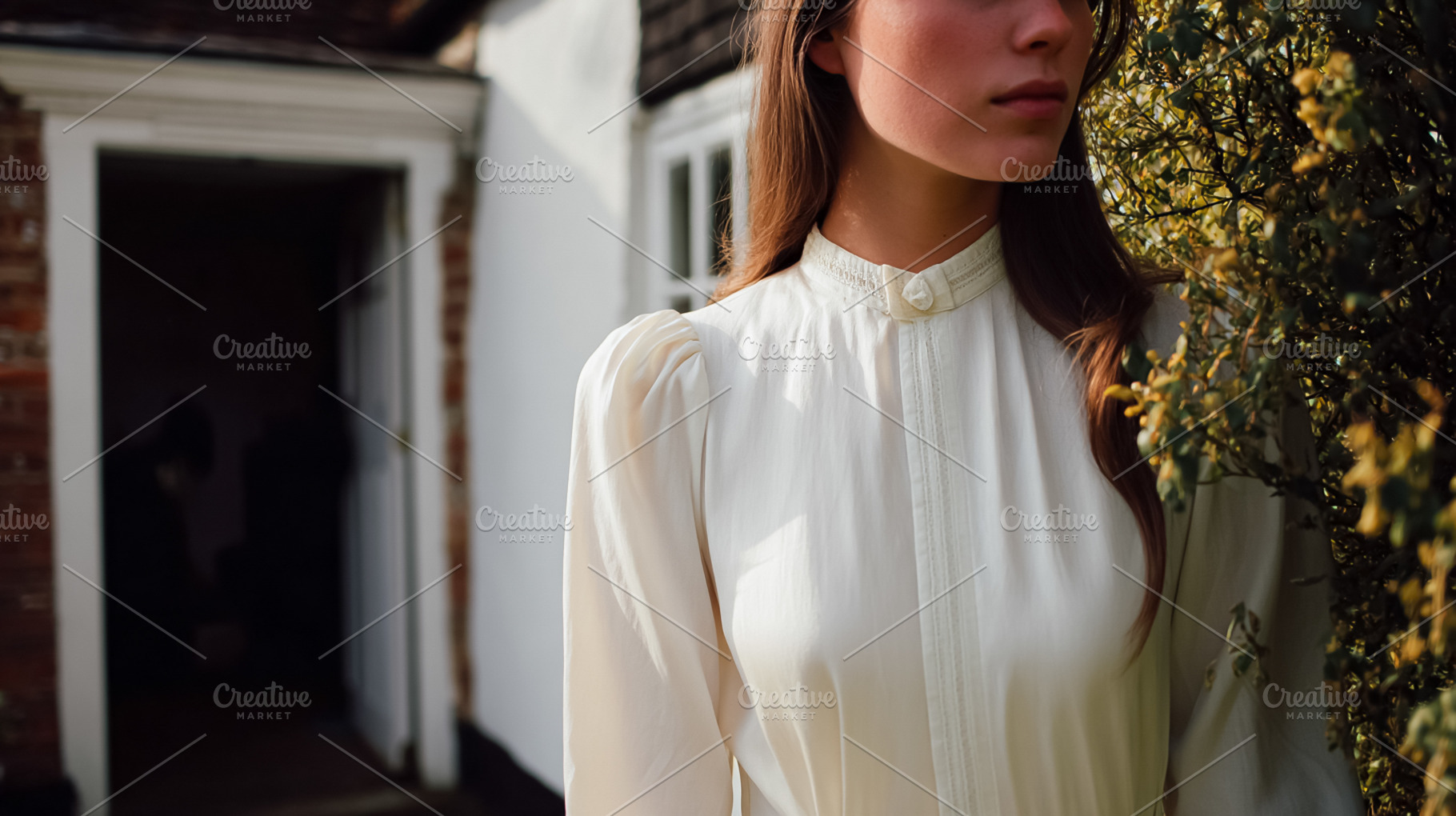 Woman wearing retro white blouse with high collar, standing in a, a Photo by Studio ANNA
