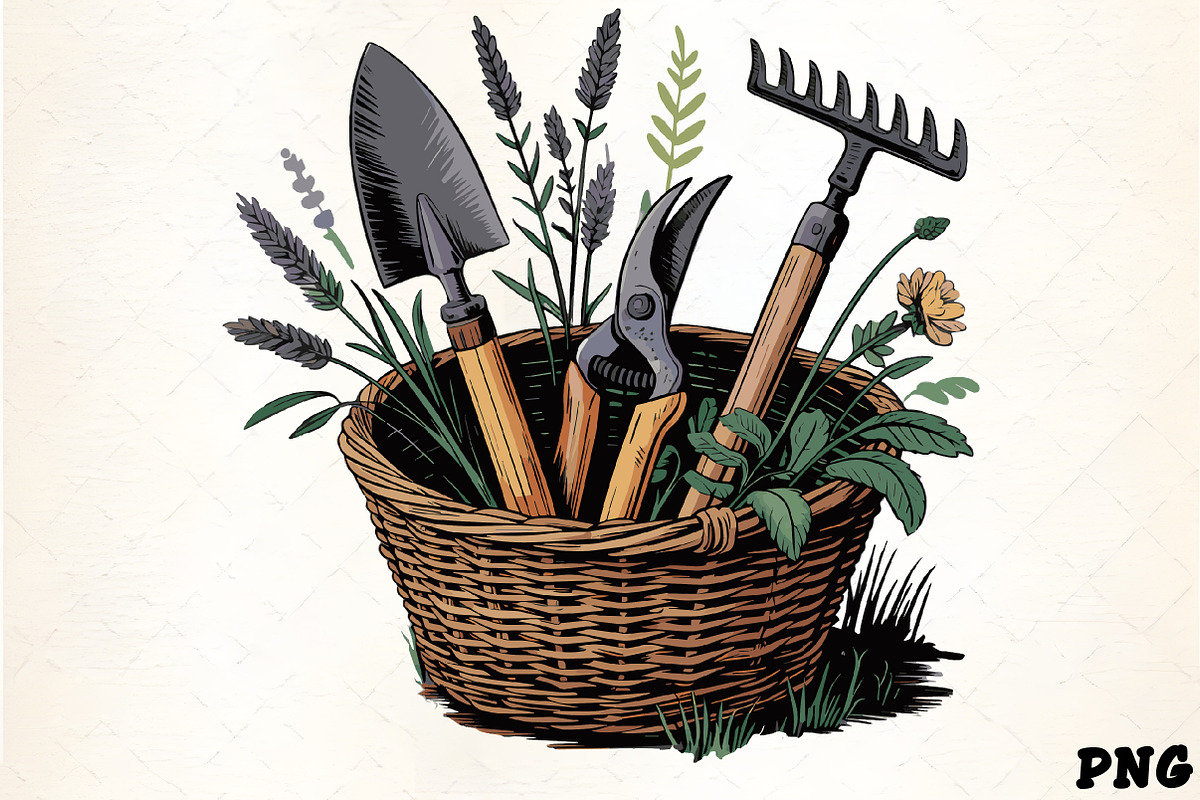 Gardening tools and herbs in wicker, an Illustration by CrexoraLab (Photo 1 of 4)