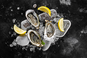 Opened oysters dry ice and lemon containing oysters, oyster, and ice