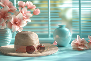 A stylish straw hat rests beside elegant pink flowers and a turquoise vase, rad, a Business Photo by ImageMir