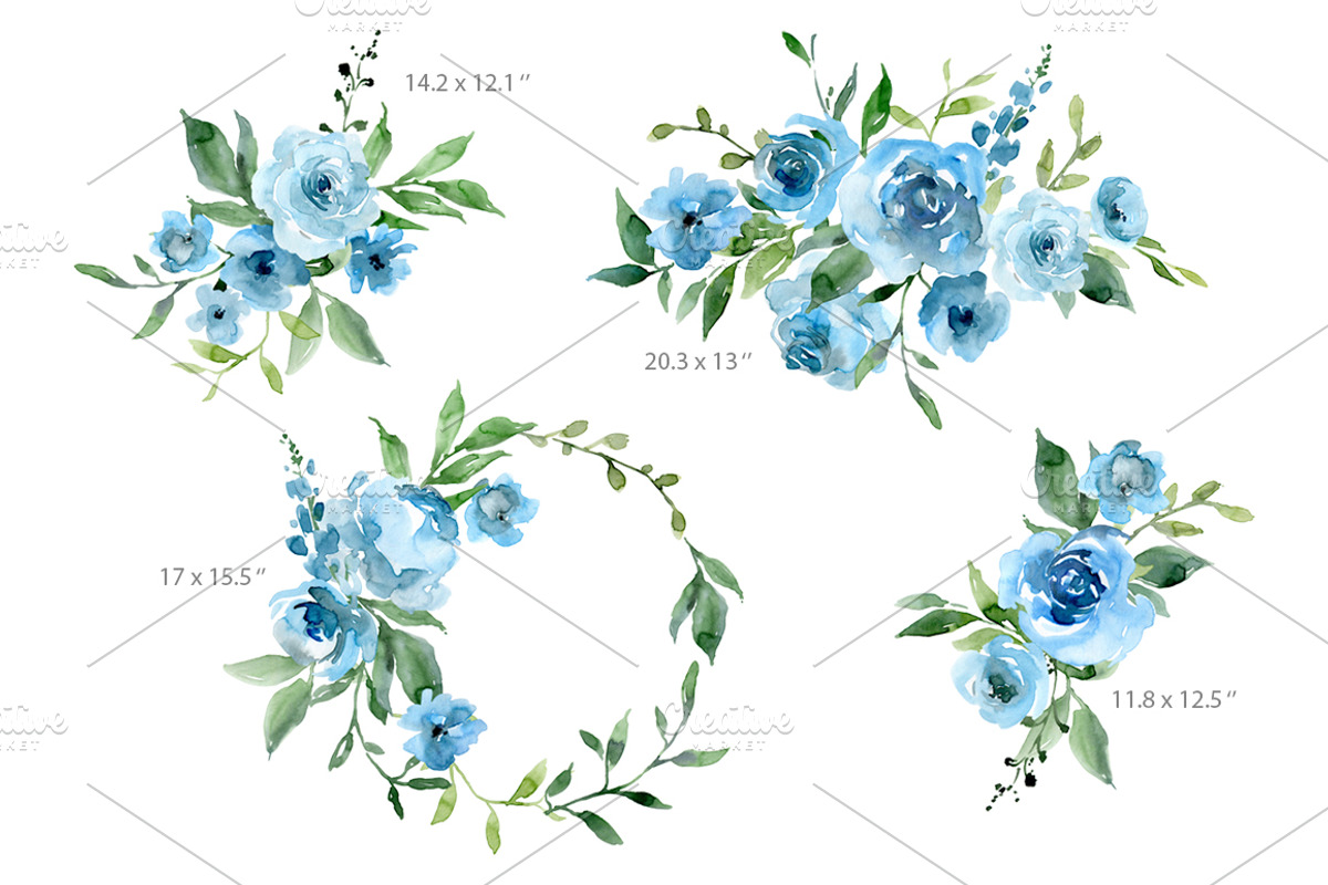 Blue Watercolor Flowers Green Leaves, an Illustration by GraphicsDish (Photo 3 of 5)