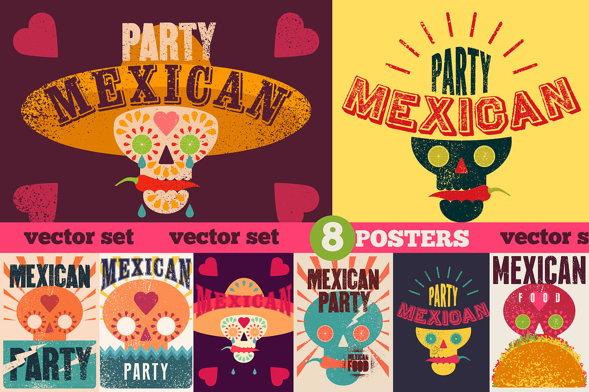 Mexican Party vector poster set., a Food Illustration by PoPaShop (Photo 1 of 9)