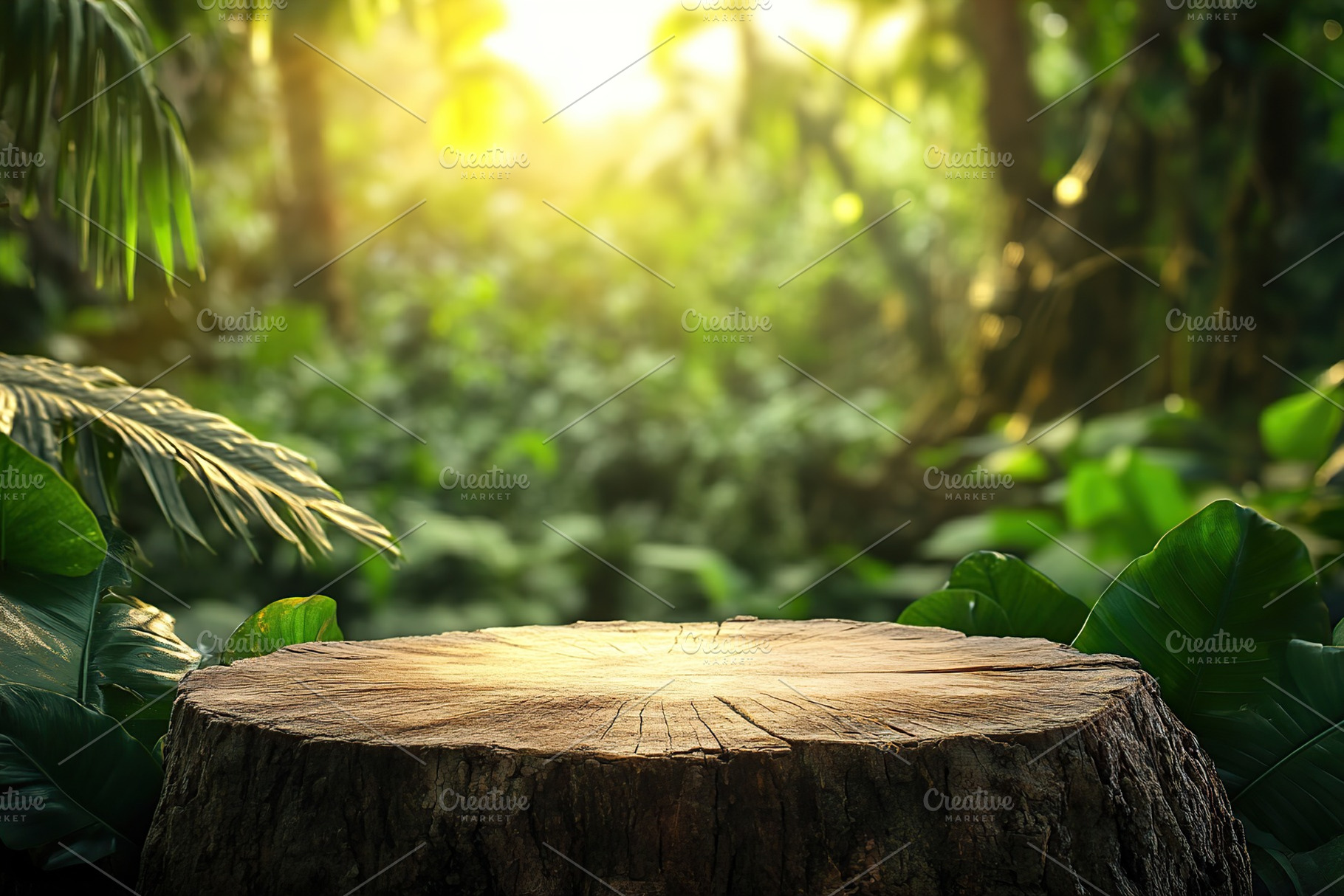 Product display trunk podium in lush green forest setting illuminated by soft s, a Nature Photo by AlyaAnd