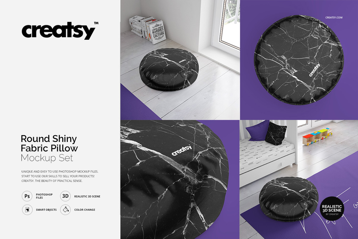 Round Shiny Fabric Pillow Mockup Set, a Product Mockup by creatsy2 (Photo 1 of 7)