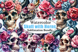 Floral Skull With Horns PNG Clipart