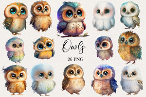 Cute Owls Watercolor Clipart. AI