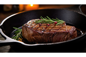cookg steak in cast iron ai, an Industrial Photo by pikepicture