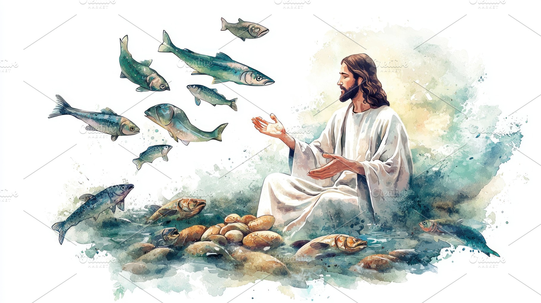 Jesus and disciples gathered sharing a fish in a biblical scene, a Person Photo by José Manuel Gelpi