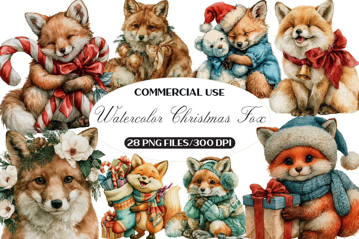 Watercolor Christmas Fox Clipart, a Seasonal Illustration by Black Bird Studio (Photo 1 of 7)