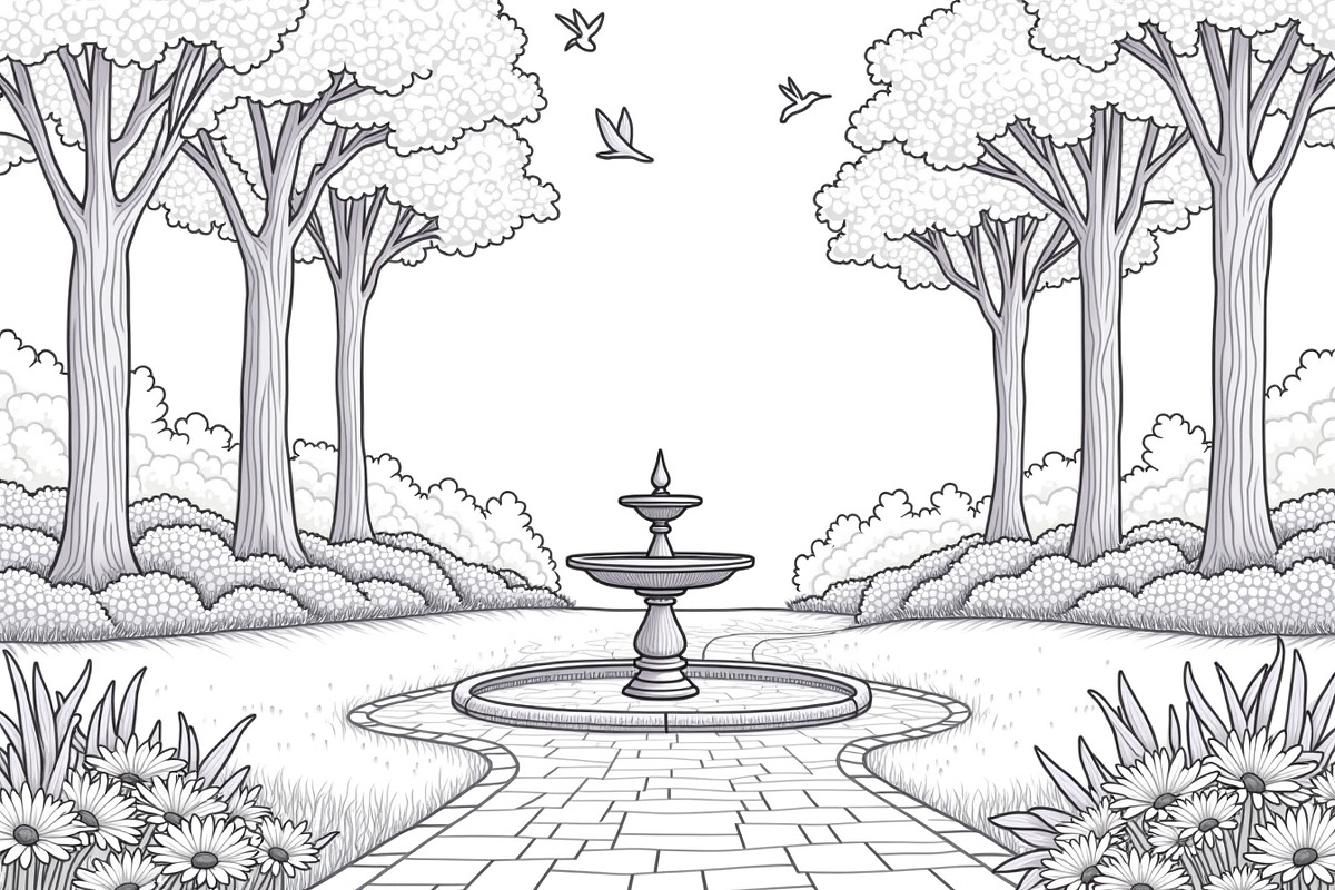 Fountain Garden Park Coloring Pages, an Illustration by Creativeshirt (Photo 6 of 7)