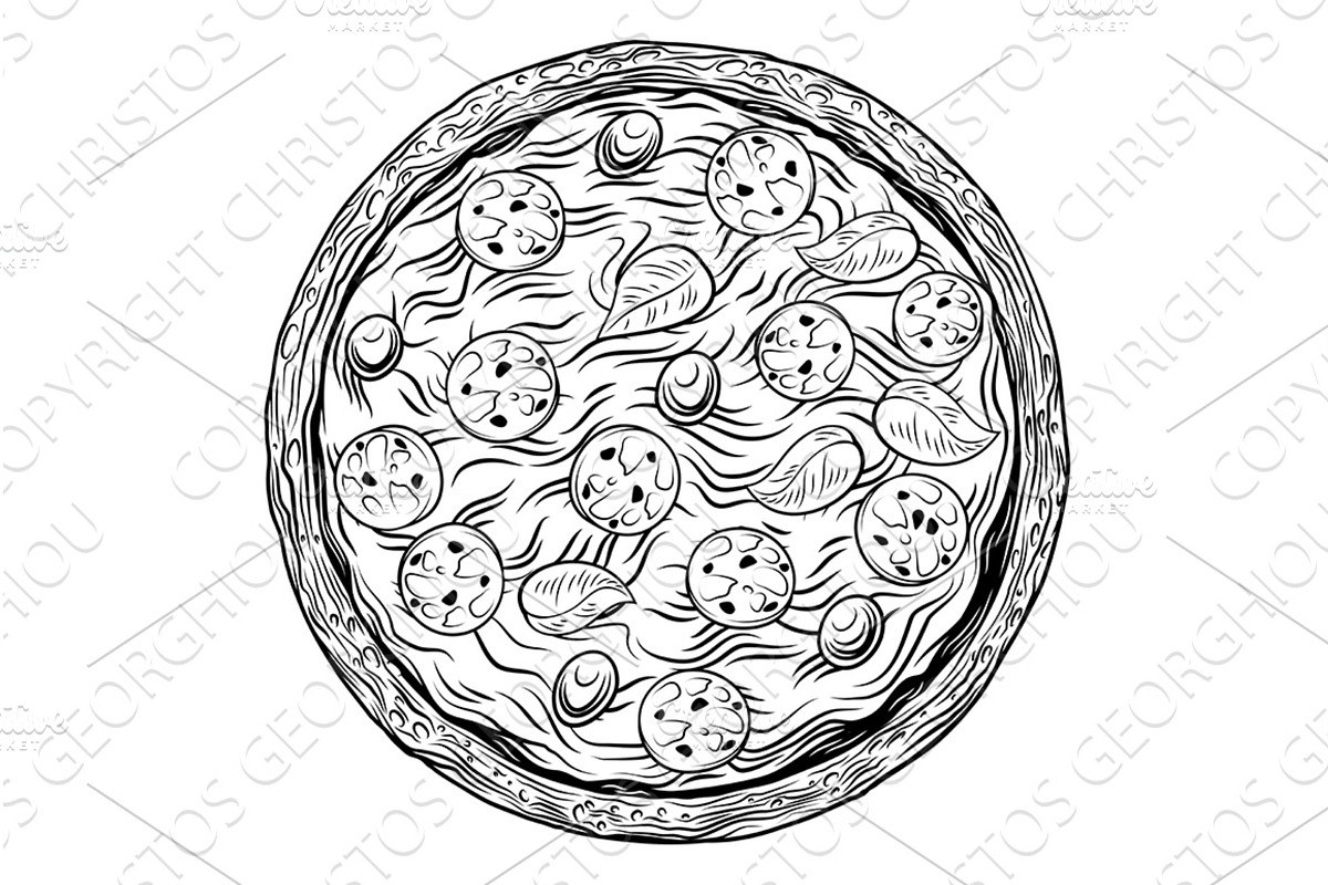 Woodcut Pizza Vintage Line Art, a Food Illustration by Christos Georghiou