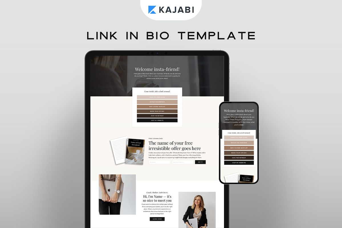 Kajabi Link in Bio Page Template, a Landing Page Template by Pixel & Flow (Photo 1 of 9)
