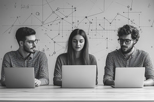Three people engaged in a focused wo, a Photo by Tanuart