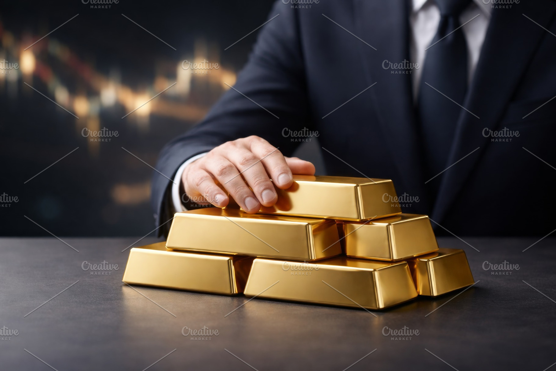 Businessman holding stack of gold ba, a Photo by Dvoevnore photos