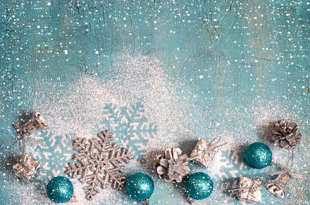 Christmas New Year turquoise background with Christmas toys, ton, a Holiday Photo by colnihko