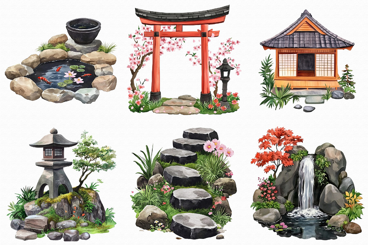 Japanese Garden Watercolor Clipart, an Illustration by Libby Wishes (Photo 5 of 7)